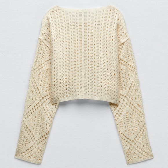 Zara Ecru Crocheted Knit Cropped Sweater - Picture 7 of 12